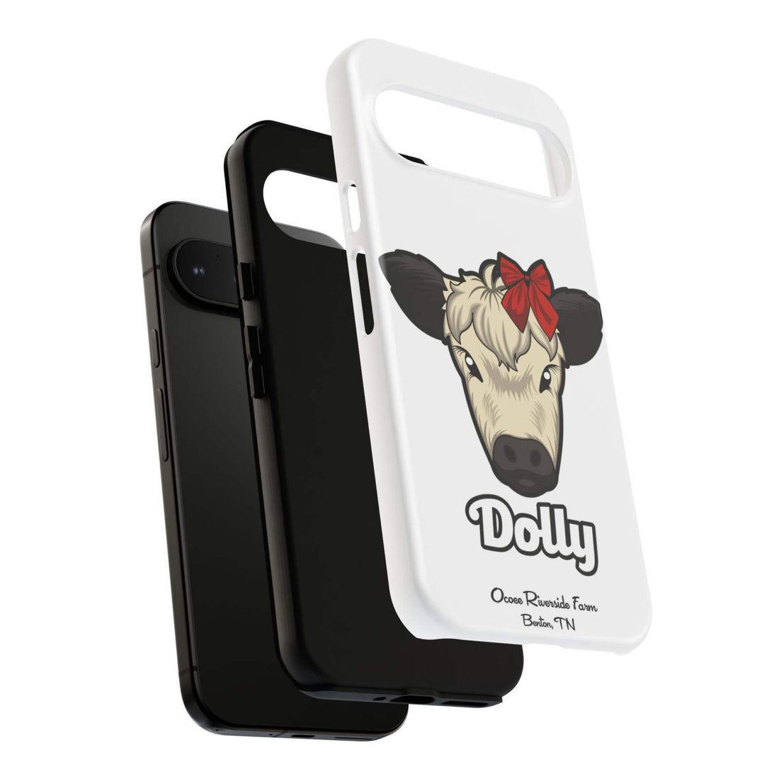 Farmhouse Chic Phone Case featuring Dolly the cow with a red bow design, offering rustic charm and protection.