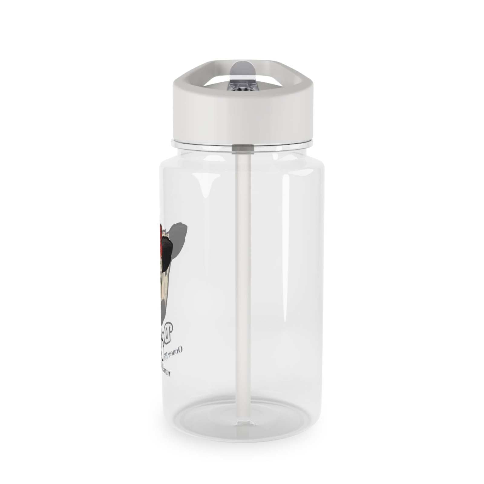 Clear water bottle with straw and white lid featuring a cow print design for daily hydration