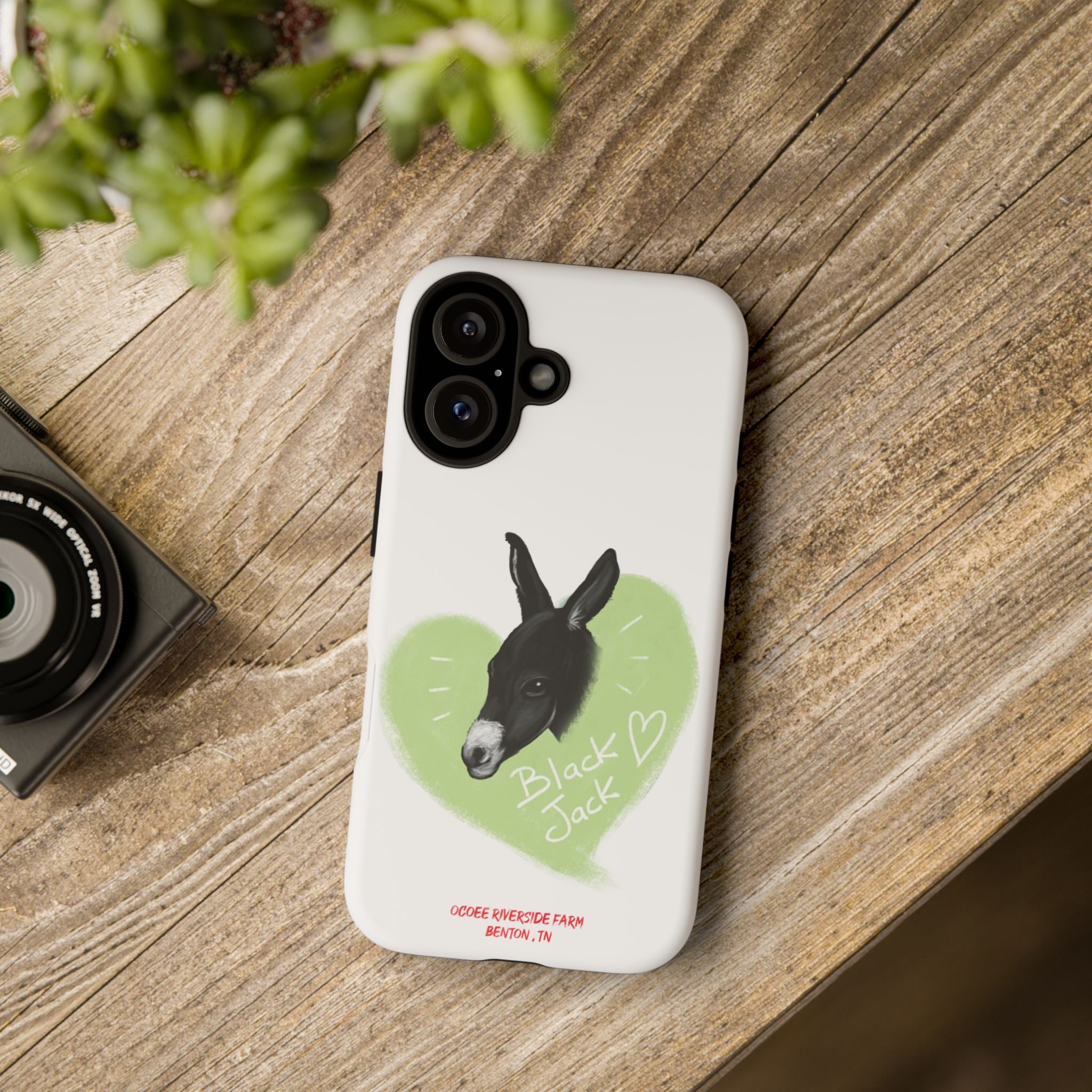 A donkey featuring the words "Black Jack" prominently displayed on its side at Ocoee Riverside Farm Phone Case