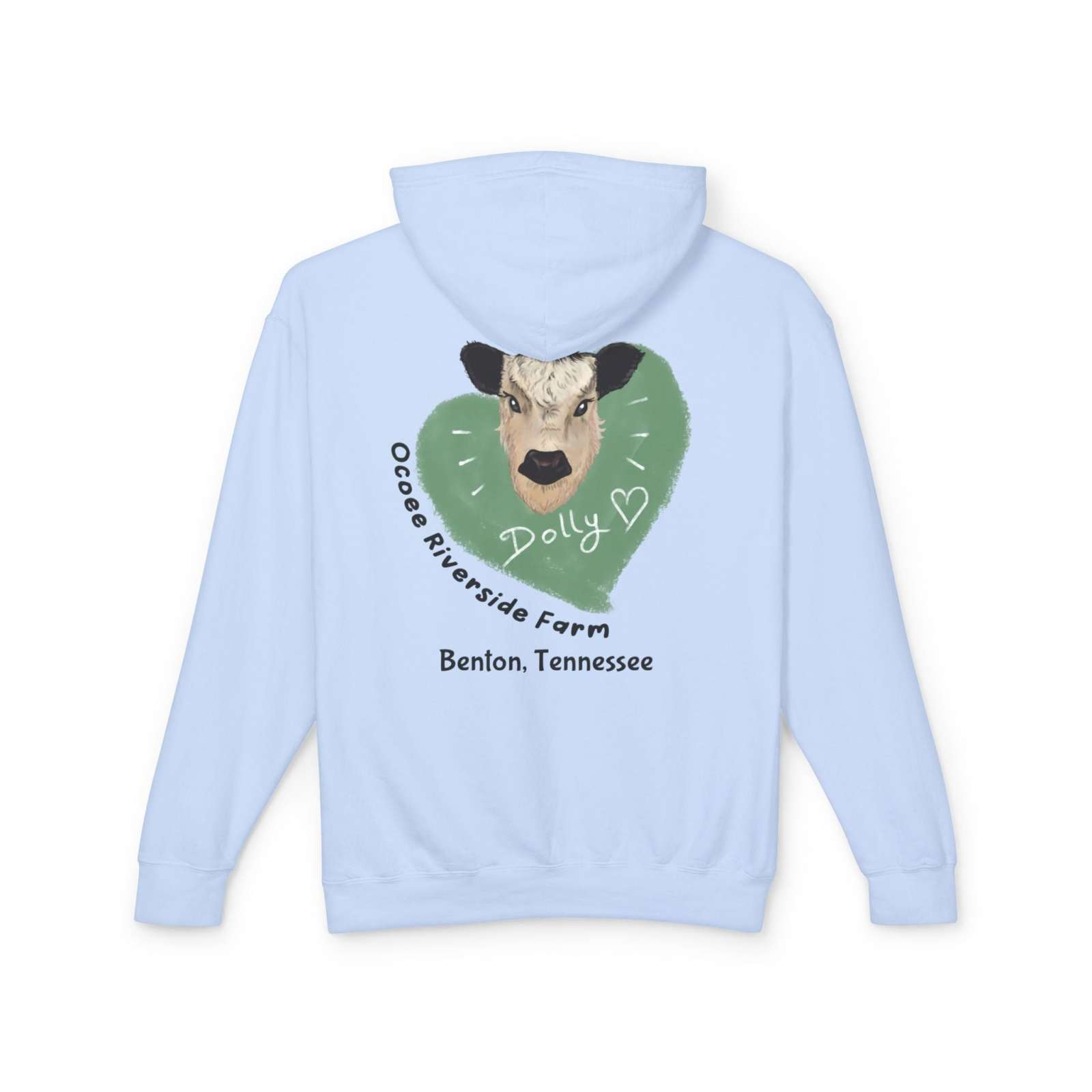 Light blue Cozy Cow Hoodie with Ocoee Riverside Farm cow graphic and Dolly text, Benton Tennessee design on back