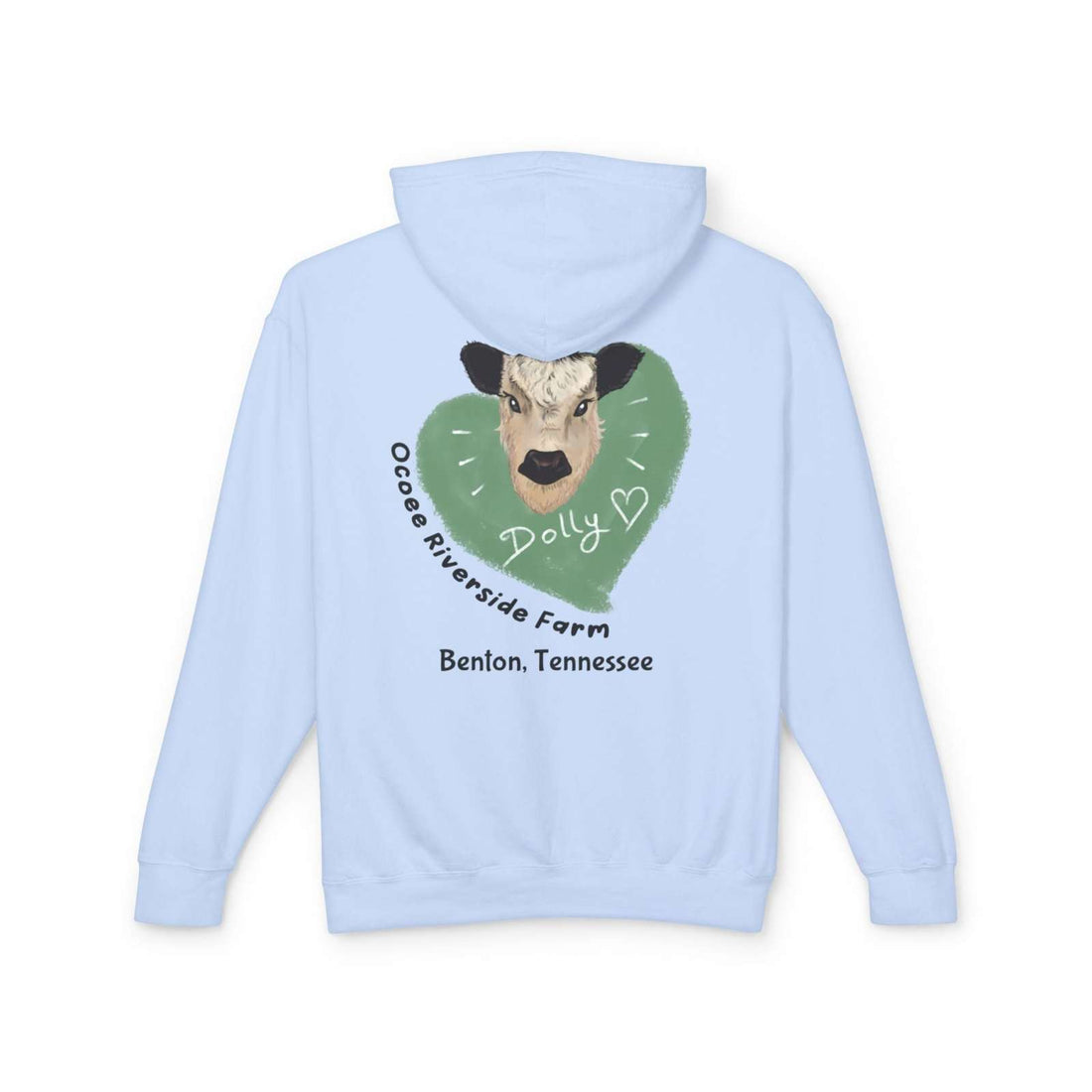 Light blue Cozy Cow Hoodie with Ocoee Riverside Farm cow graphic and Dolly text, Benton Tennessee design on back