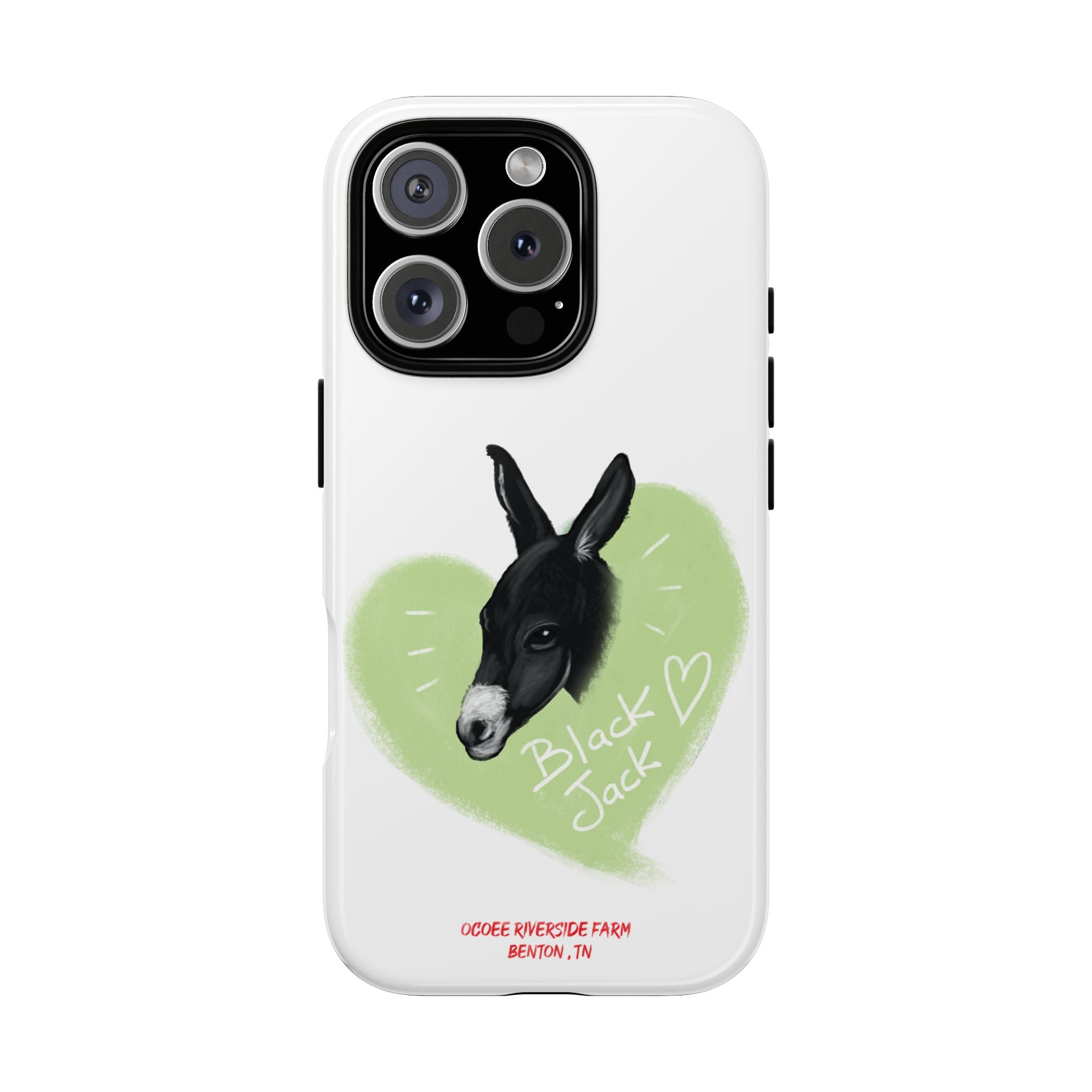 A donkey featuring the words "Black Jack" prominently displayed on its side at Ocoee Riverside Farm Phone Case