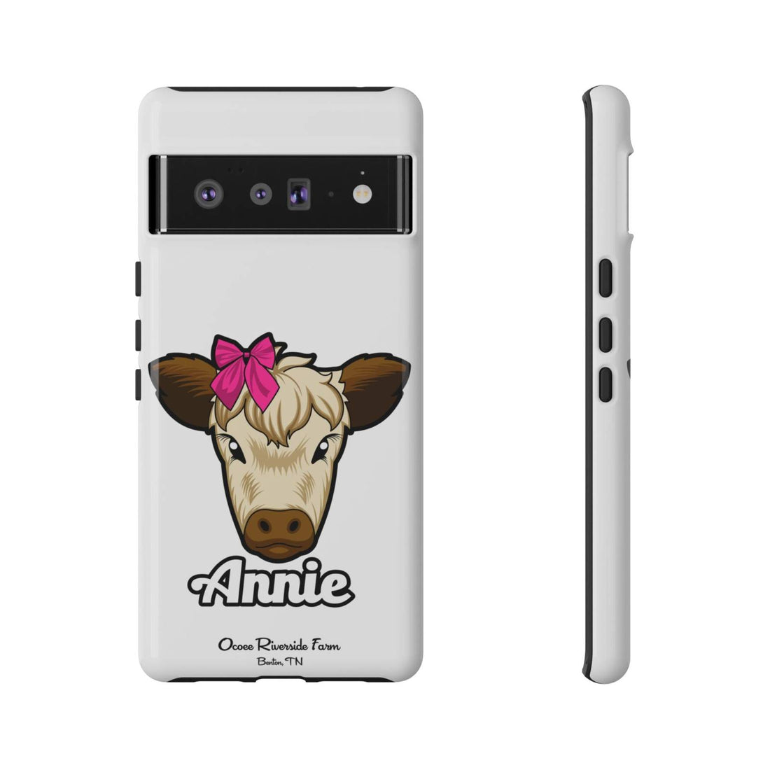 Cute cow phone case with a red bow design by Ocoee Riverside, ideal farm animal lover gift.