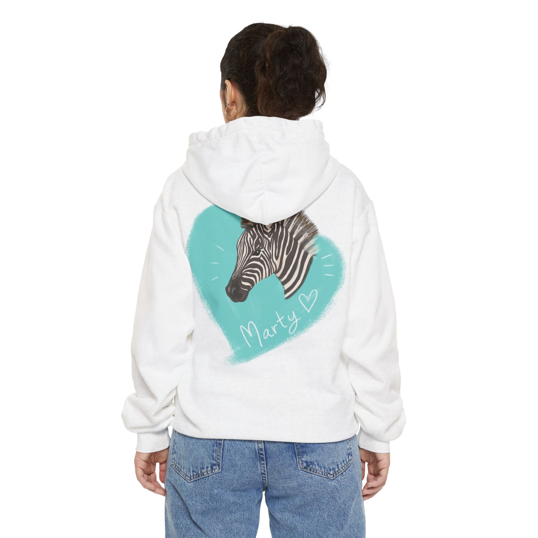 A zebra adorned with the word "Marty" creatively integrated into its stripes at Ocoee Riverside Farm Unisex Hoodie