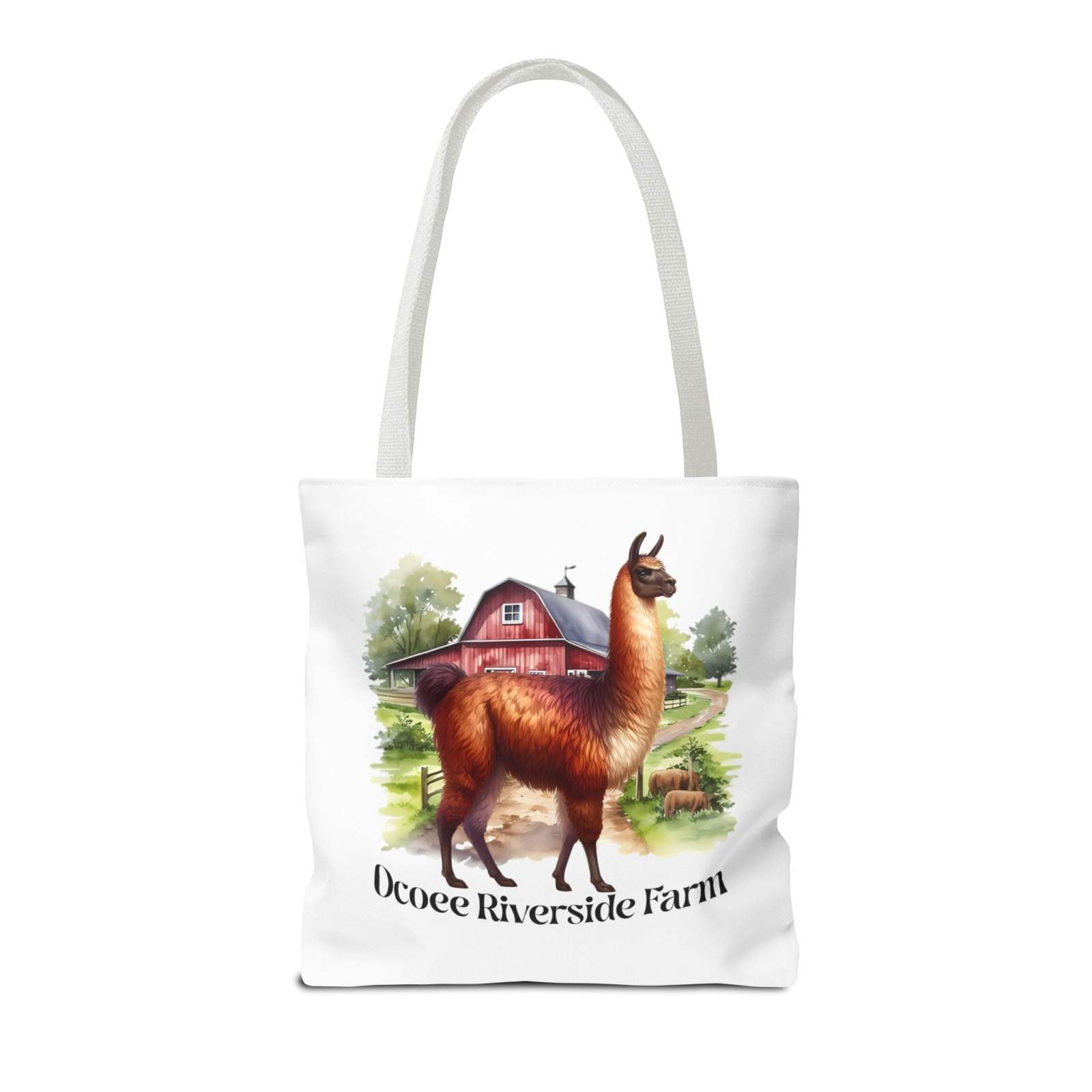 Eco-friendly Alpaca Tote Bag featuring Ocoee Riverside Farm design with a red barn and brown alpaca illustration