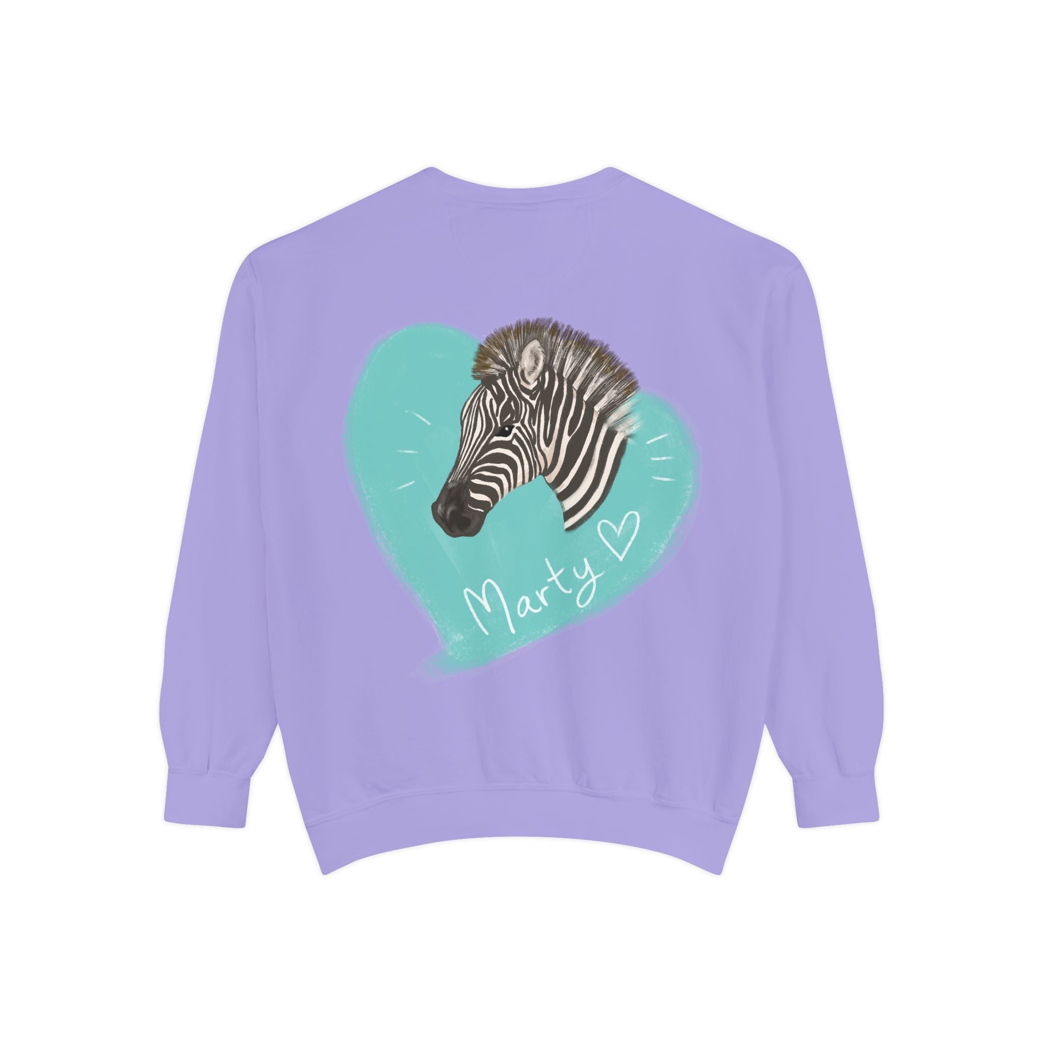 A zebra adorned with the word "Marty" creatively integrated into its stripes at Ocoee Riverside Farm Sweatshirt