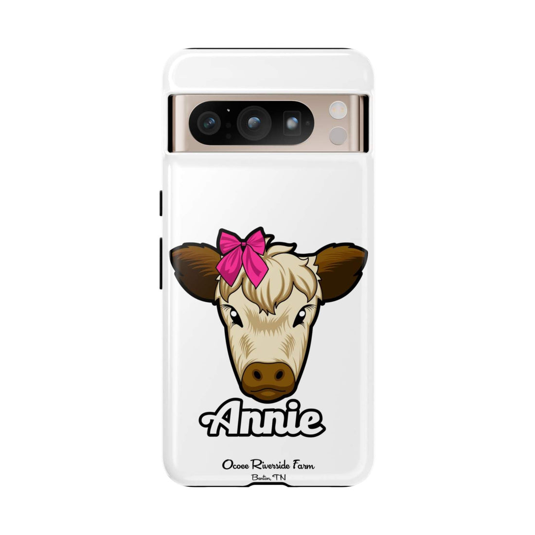 Cute cow phone case with a red bow, farmhouse design, farm animal lover gift.