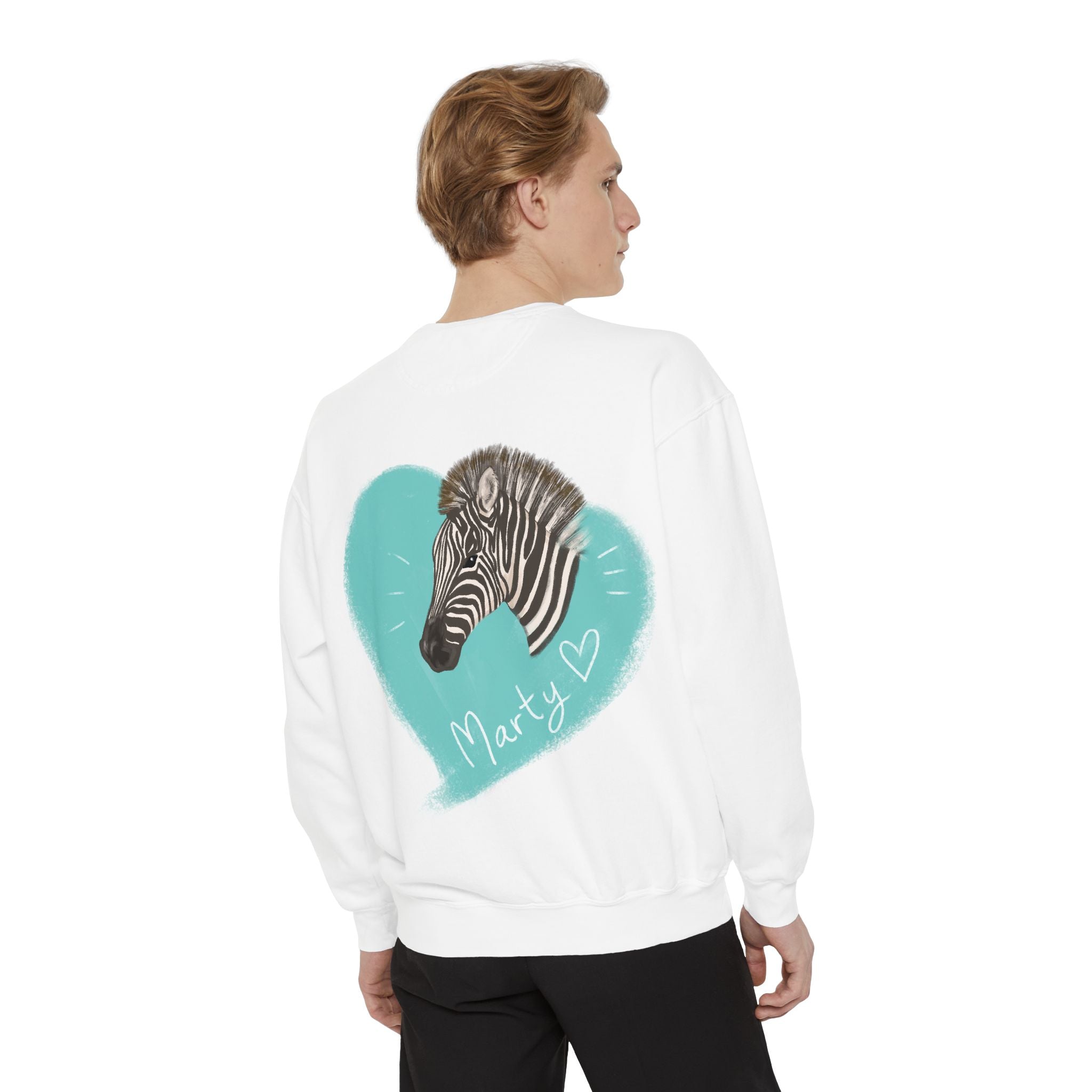 A zebra adorned with the word "Marty" creatively integrated into its stripes at Ocoee Riverside Farm Sweatshirt