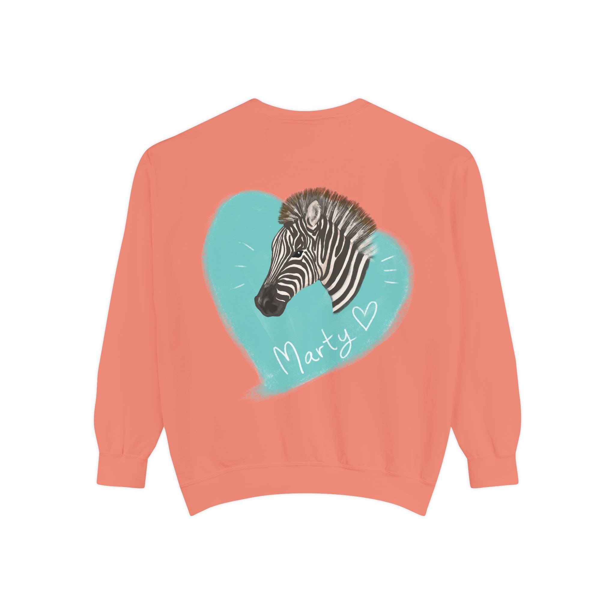 A zebra adorned with the word "Marty" creatively integrated into its stripes at Ocoee Riverside Farm Sweatshirt