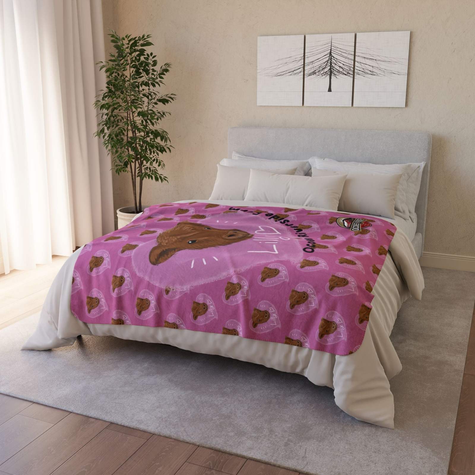 Cozy Farm Animal Sherpa Blanket with Spud the Cow plush fleece throw on bed in modern bedroom