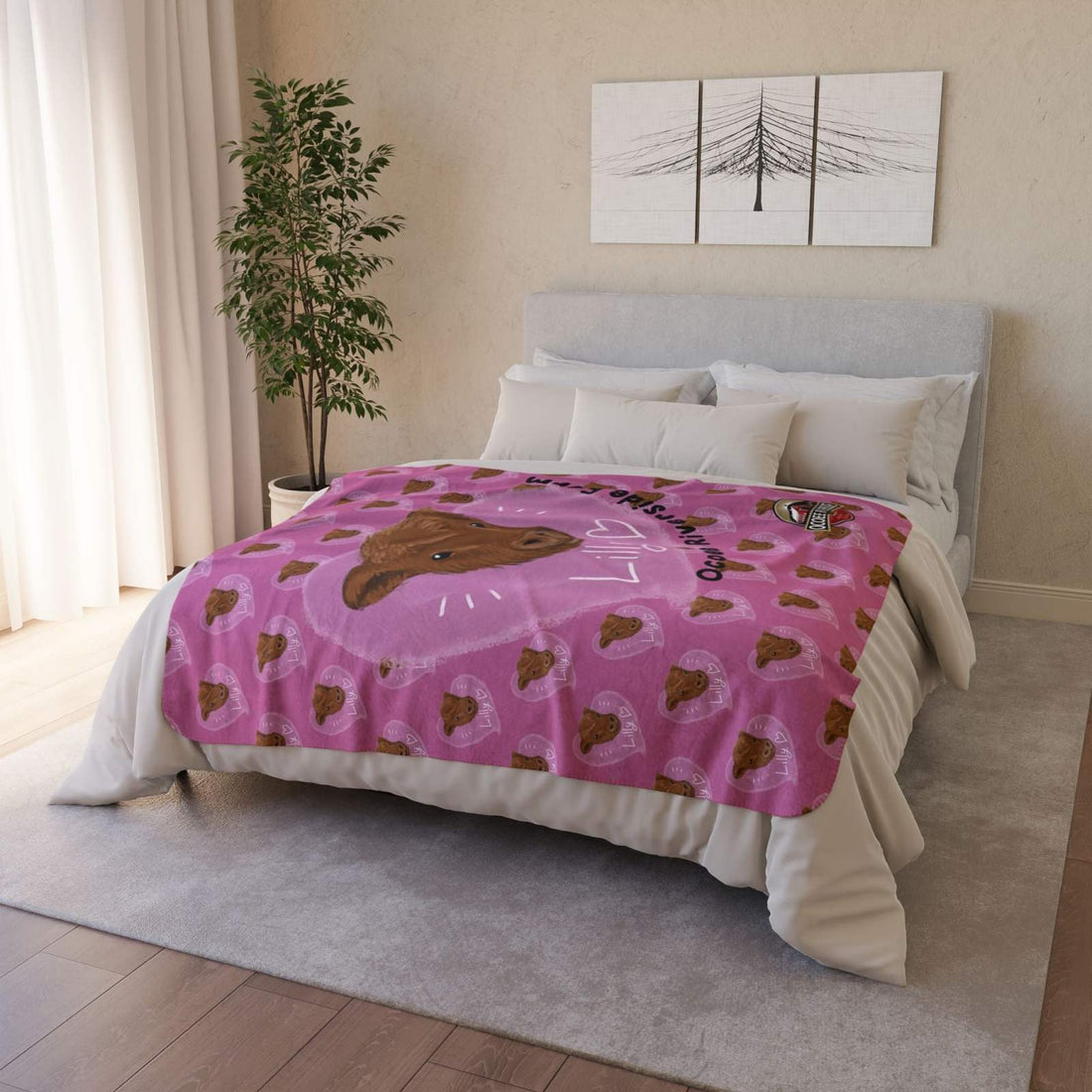 Cozy Farm Animal Sherpa Blanket with Spud the Cow plush fleece throw on bed in modern bedroom