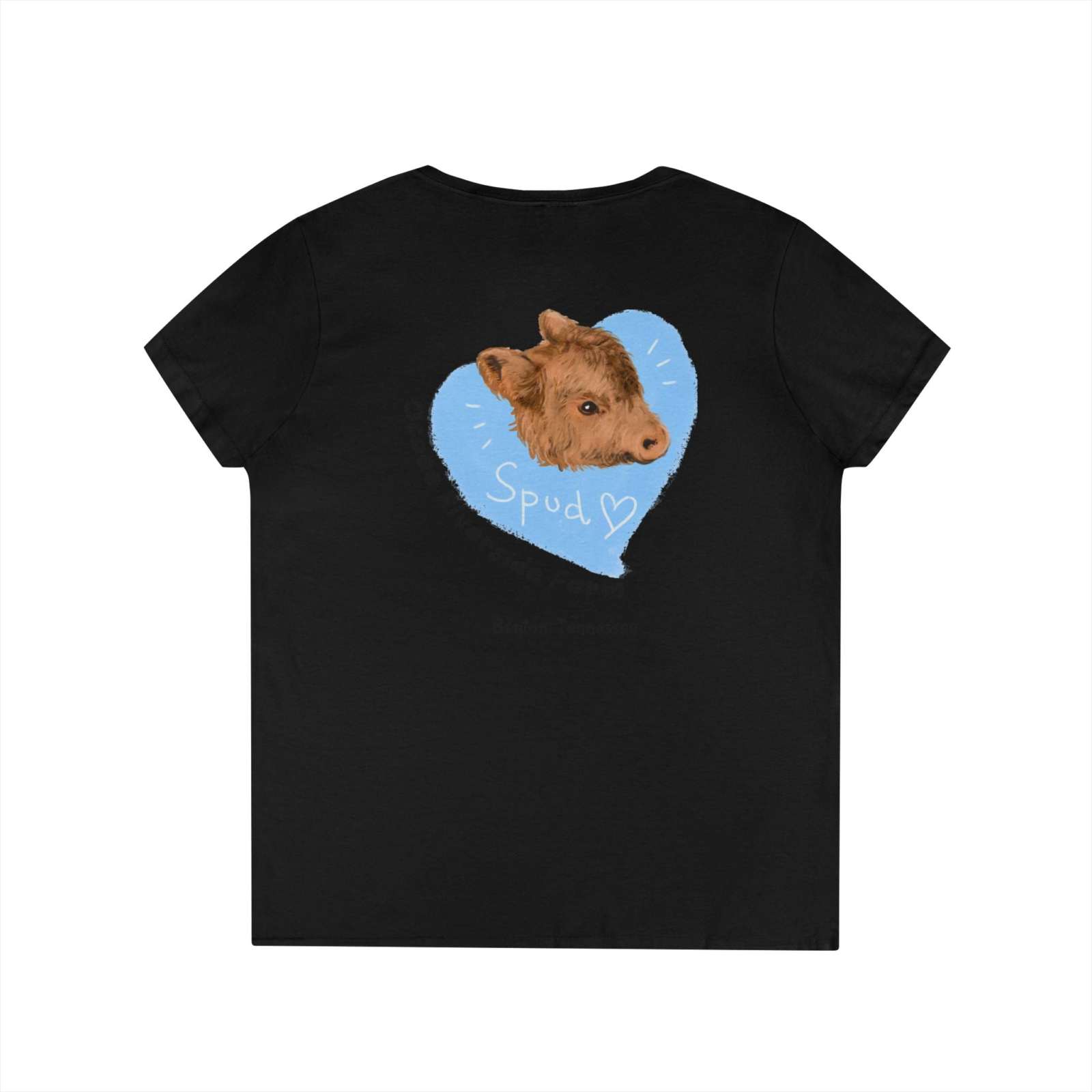 Black Spud Heart Women’s V-Neck T-Shirt with a cute calf inside a blue heart design on the back