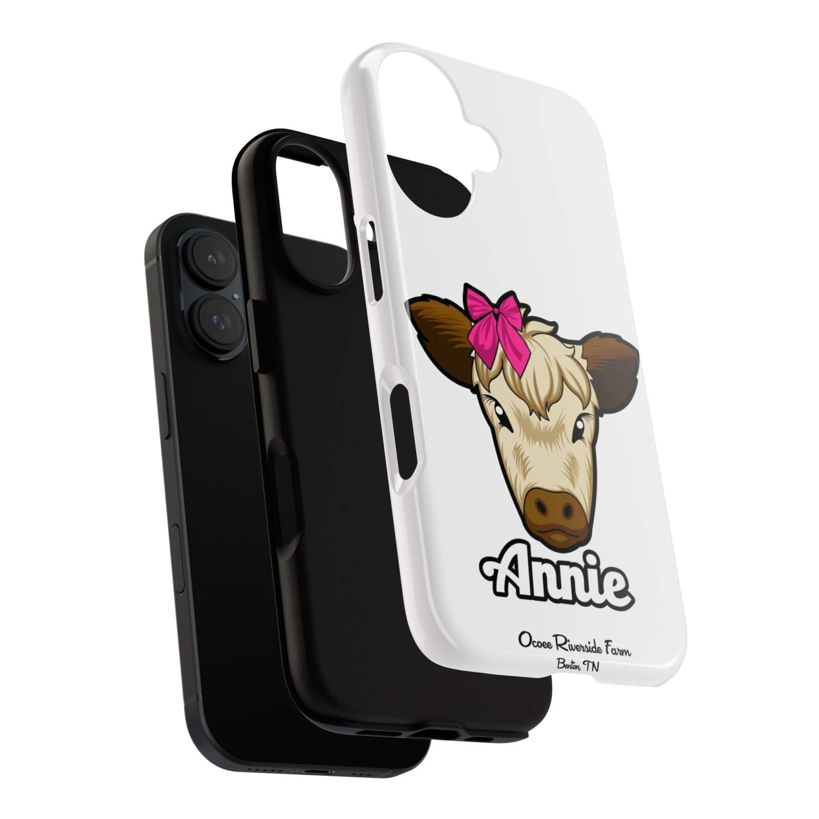 Annie the Cow phone case with red bow, ideal farm animal lover gift, durable and stylish.