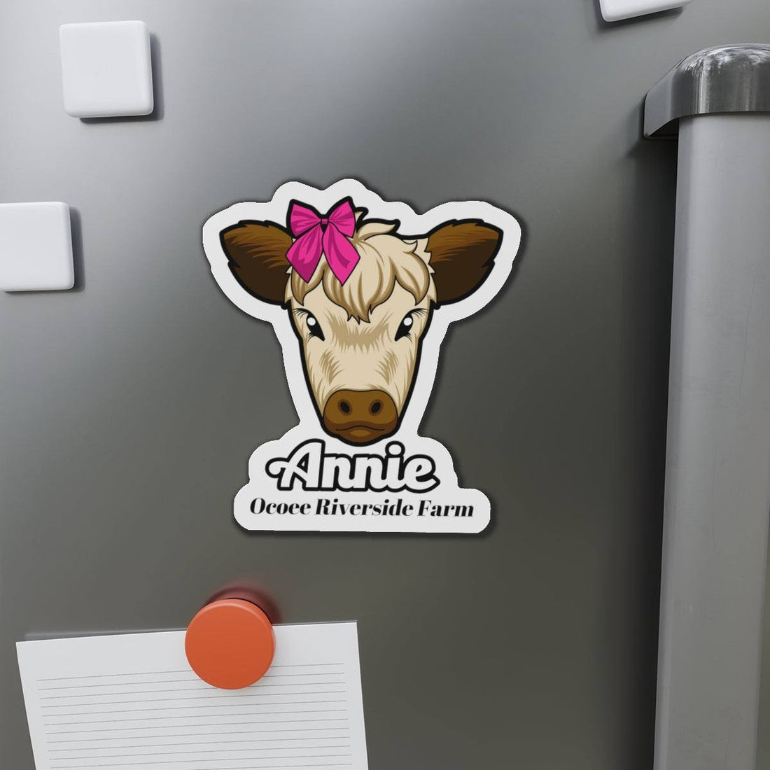 Cow die-cut magnet with cute cow face wearing pink bow, farmhouse decor for fridge or office