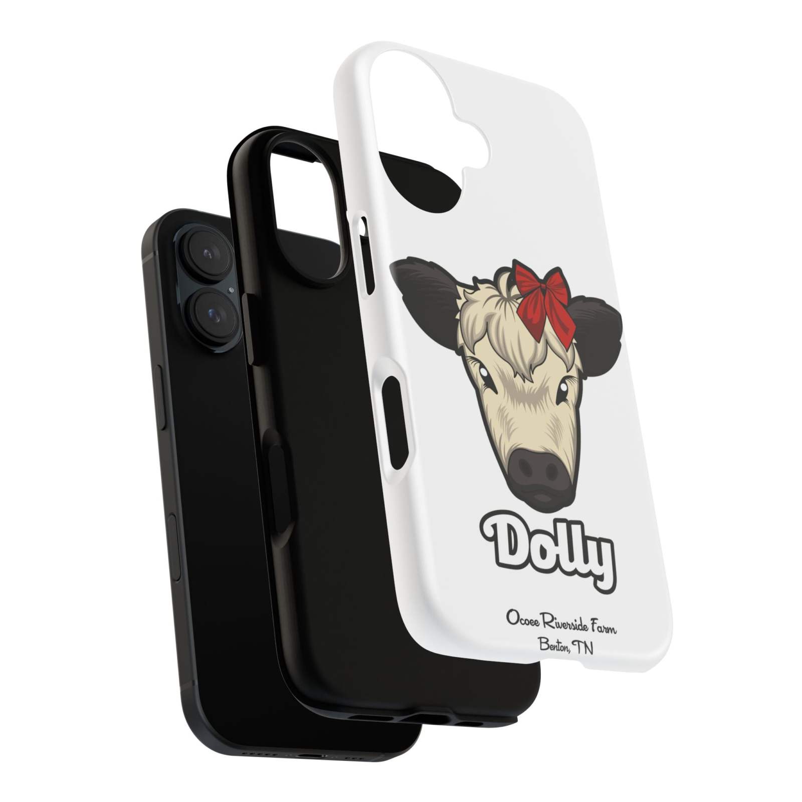 Farmhouse Chic Phone Case featuring Dolly the Cow design with red bow, offering rustic charm and protection.