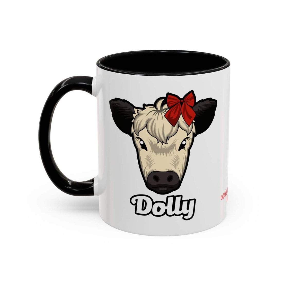 Farm Animal Coffee Mug with Dolly the cow illustration wearing a red bow, black handle, and interior, ceramic mug for rustic farmhouse decor