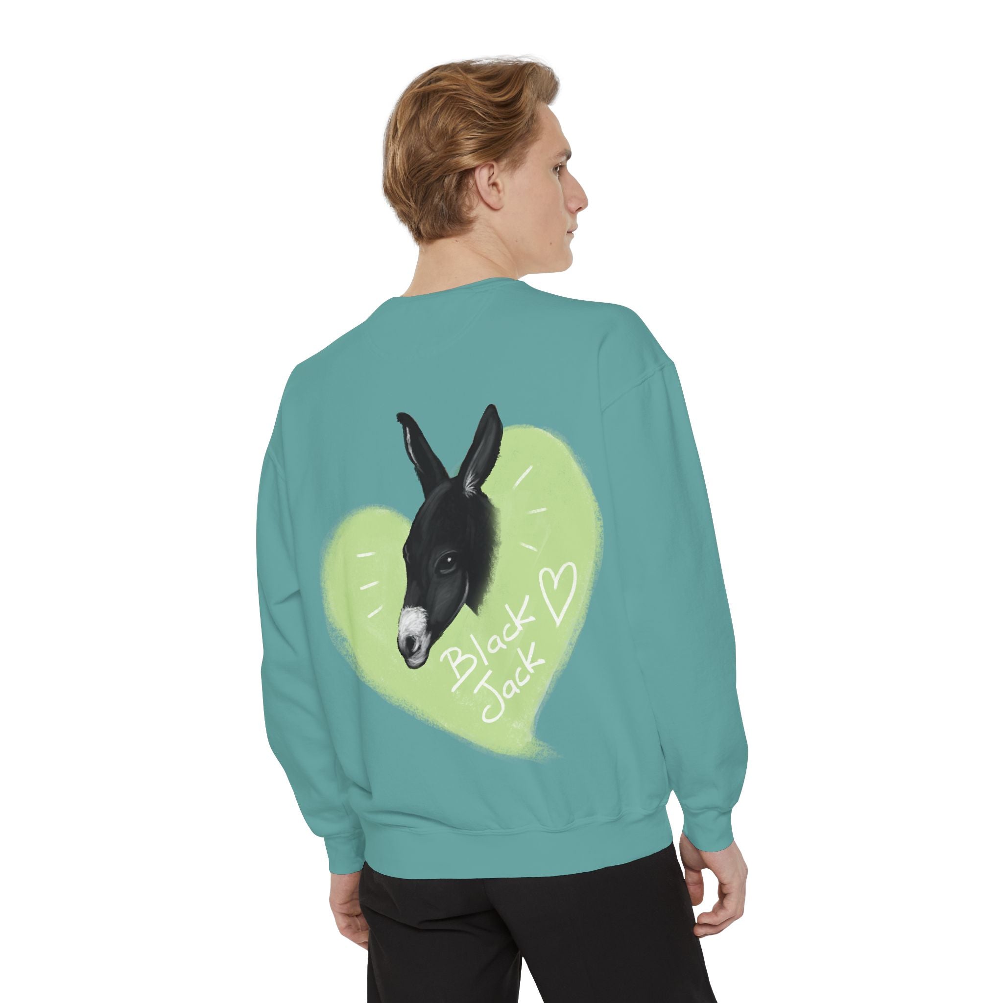 A donkey featuring the words "Black Jack" prominently displayed on its side at Ocoee Riverside Farm Sweatshirt