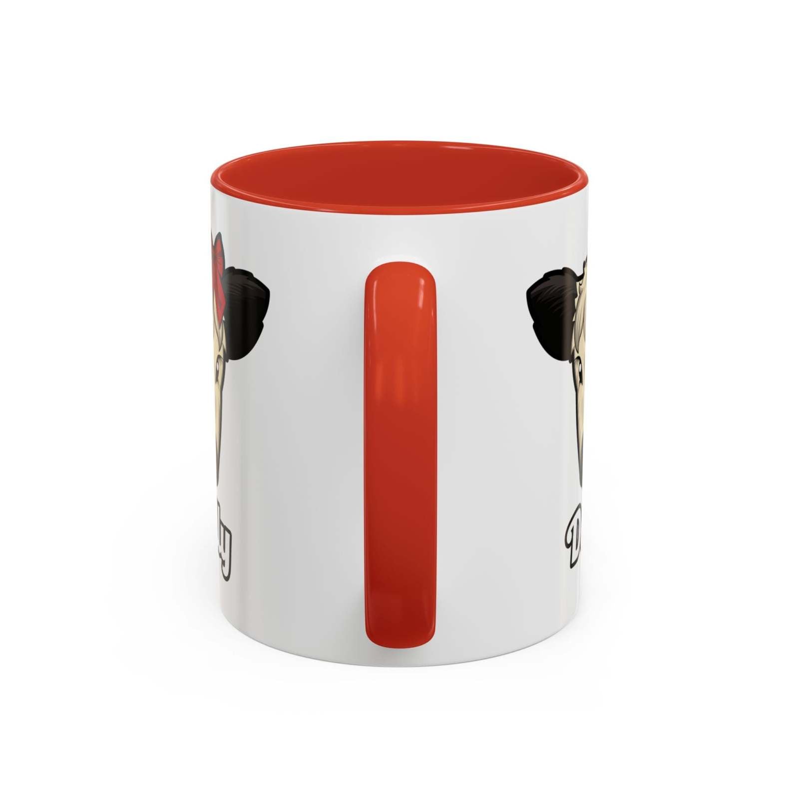 Farm animal coffee mug featuring Dolly the cute cow with red bow, white ceramic with red handle and interior, microwave and dishwasher safe