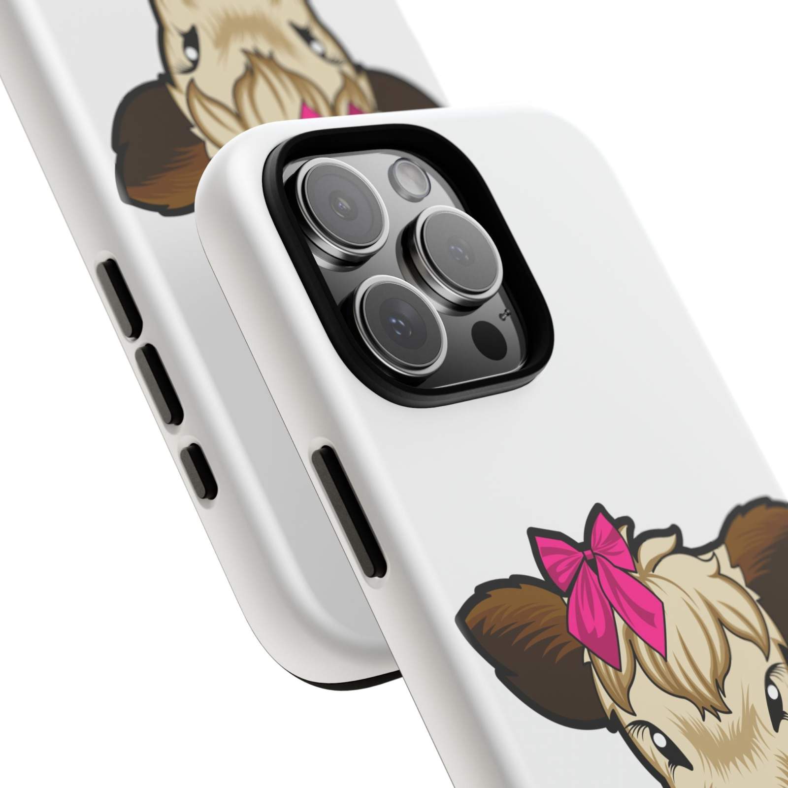 Cute Annie the Cow phone case with red bow, ideal farm animal lover gift.