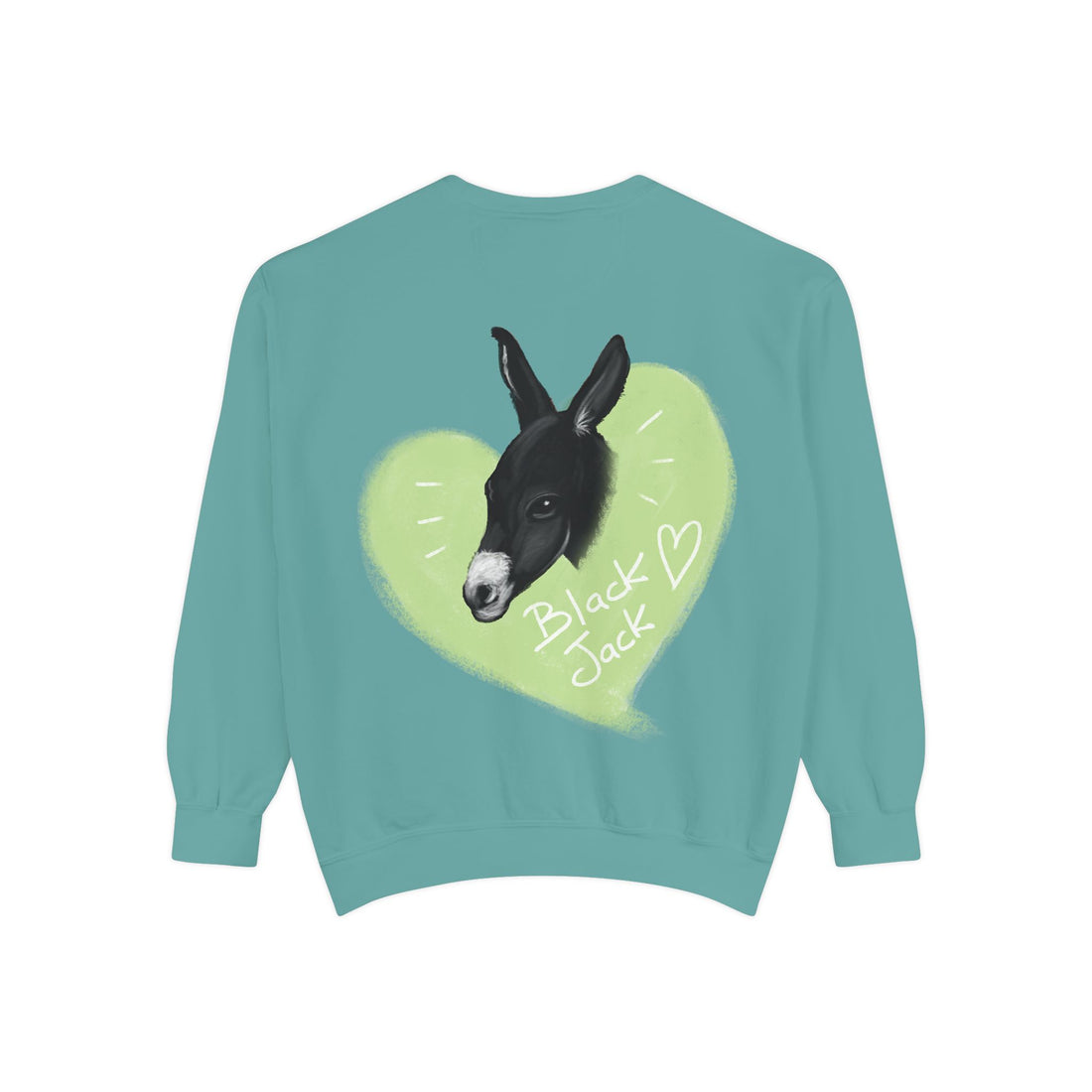 A donkey featuring the words "Black Jack" prominently displayed on its side at Ocoee Riverside Farm Sweatshirt