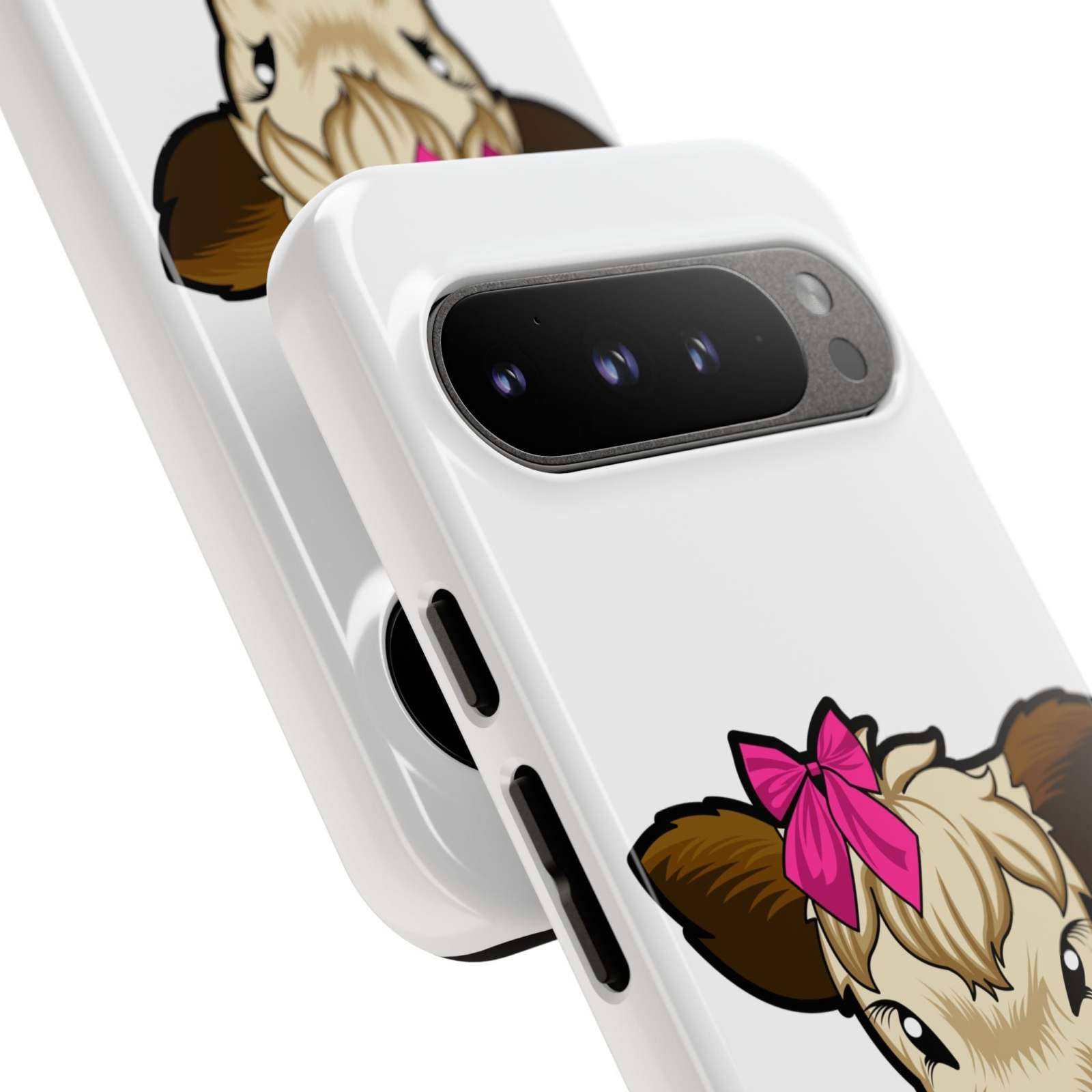 Cute cow phone case with red bow, perfect farm animal lover gift.