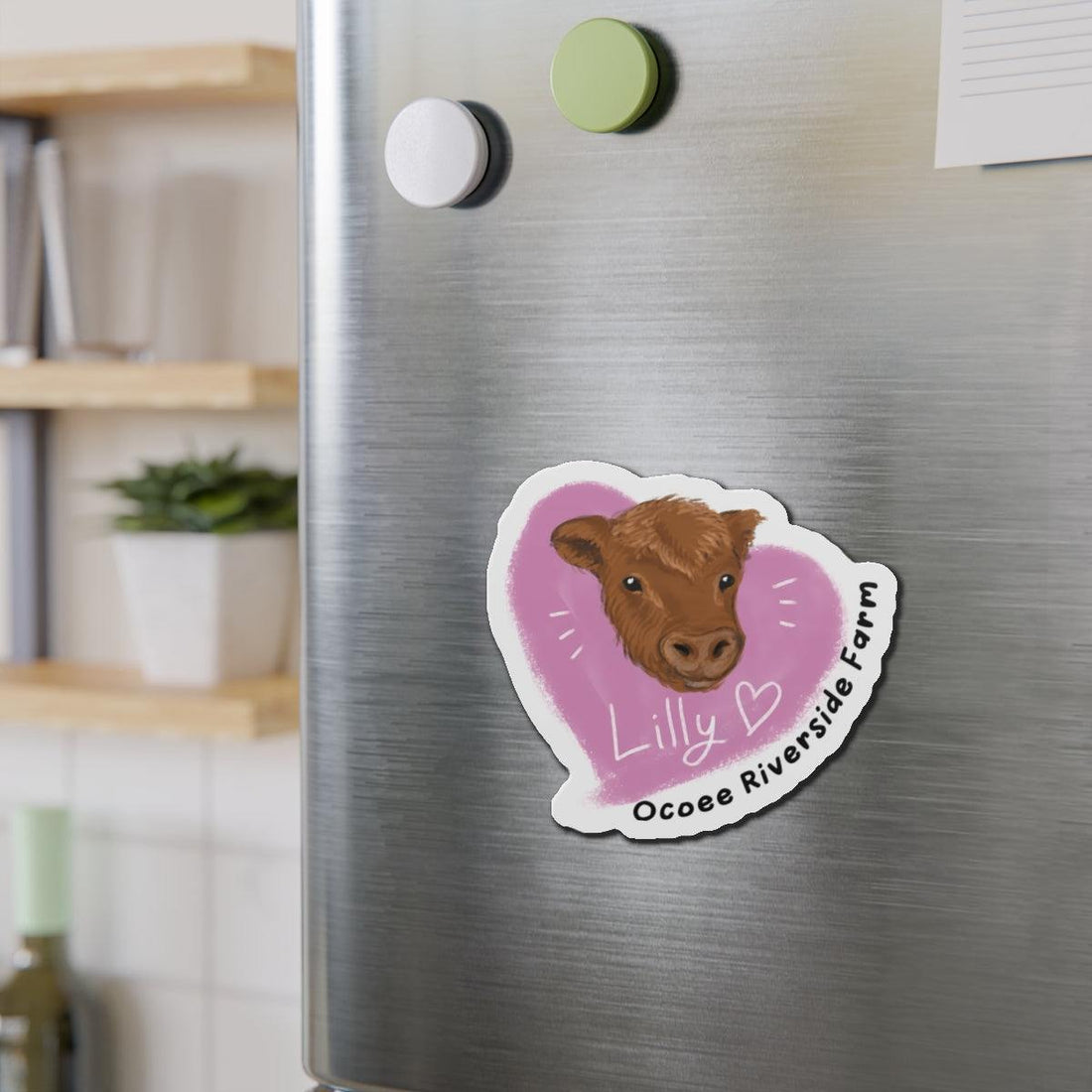 Farm Animal Die-Cut Magnet featuring an adorable cow design on a fridge with a purple background and "Lilly ♥ Ocoee Riverside Farm" text