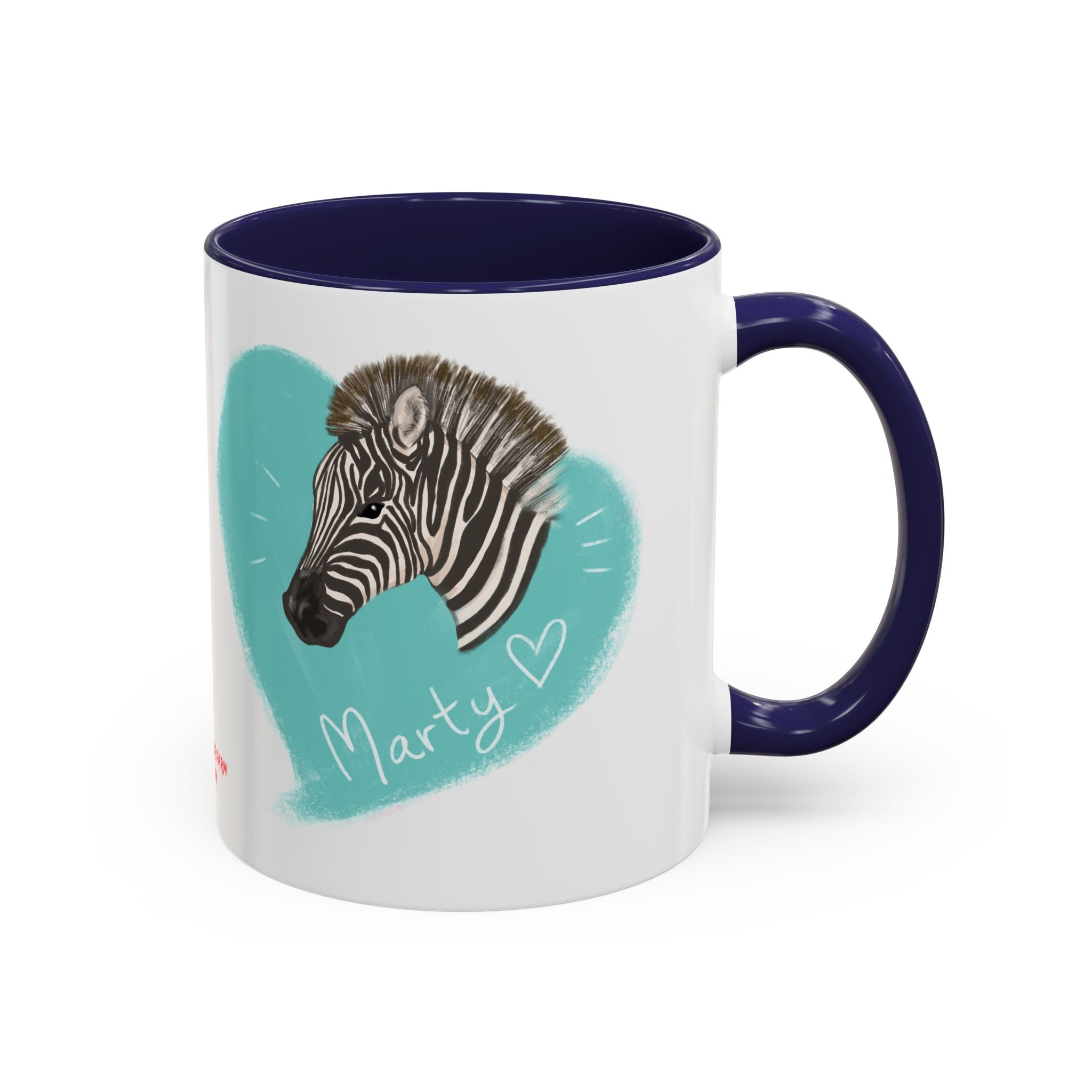 A zebra adorned with the word "Marty" creatively integrated into its stripes at Ocoee Riverside Farm Coffee Mug