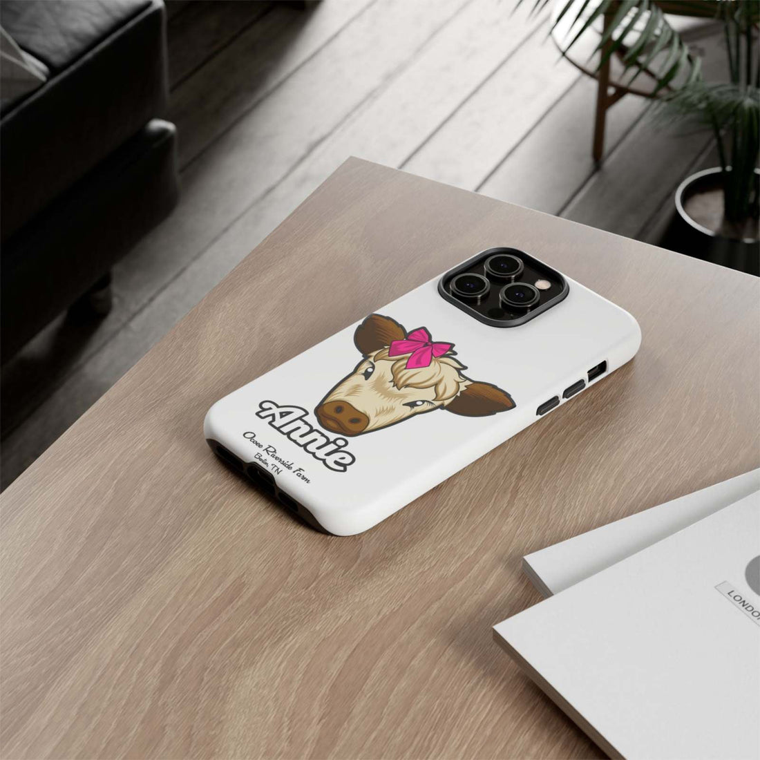 Cute cow phone case with red bow, perfect farm animal lover gift.