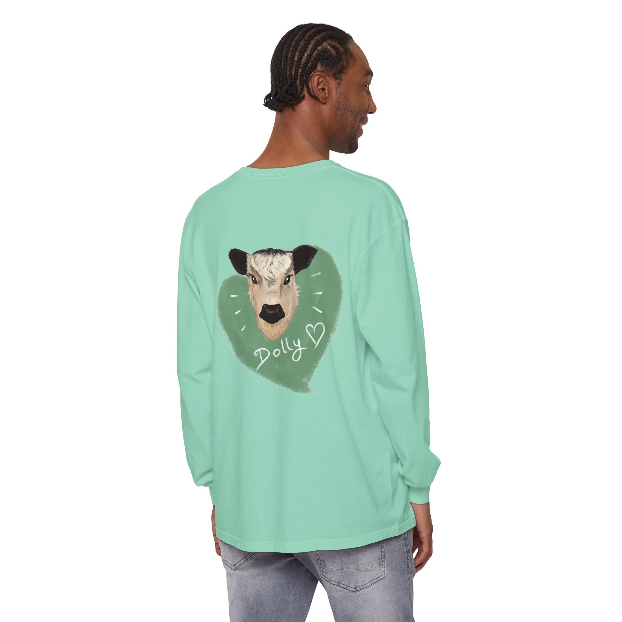 Unisex Garment-Dyed Long Sleeve T-Shirt with Cow Design - Perfect for Animal Lovers