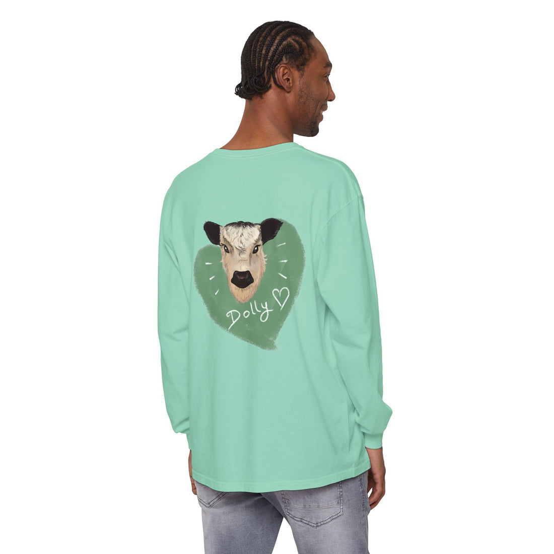 Unisex Garment-Dyed Long Sleeve T-Shirt with Cow Design - Perfect for Animal Lovers