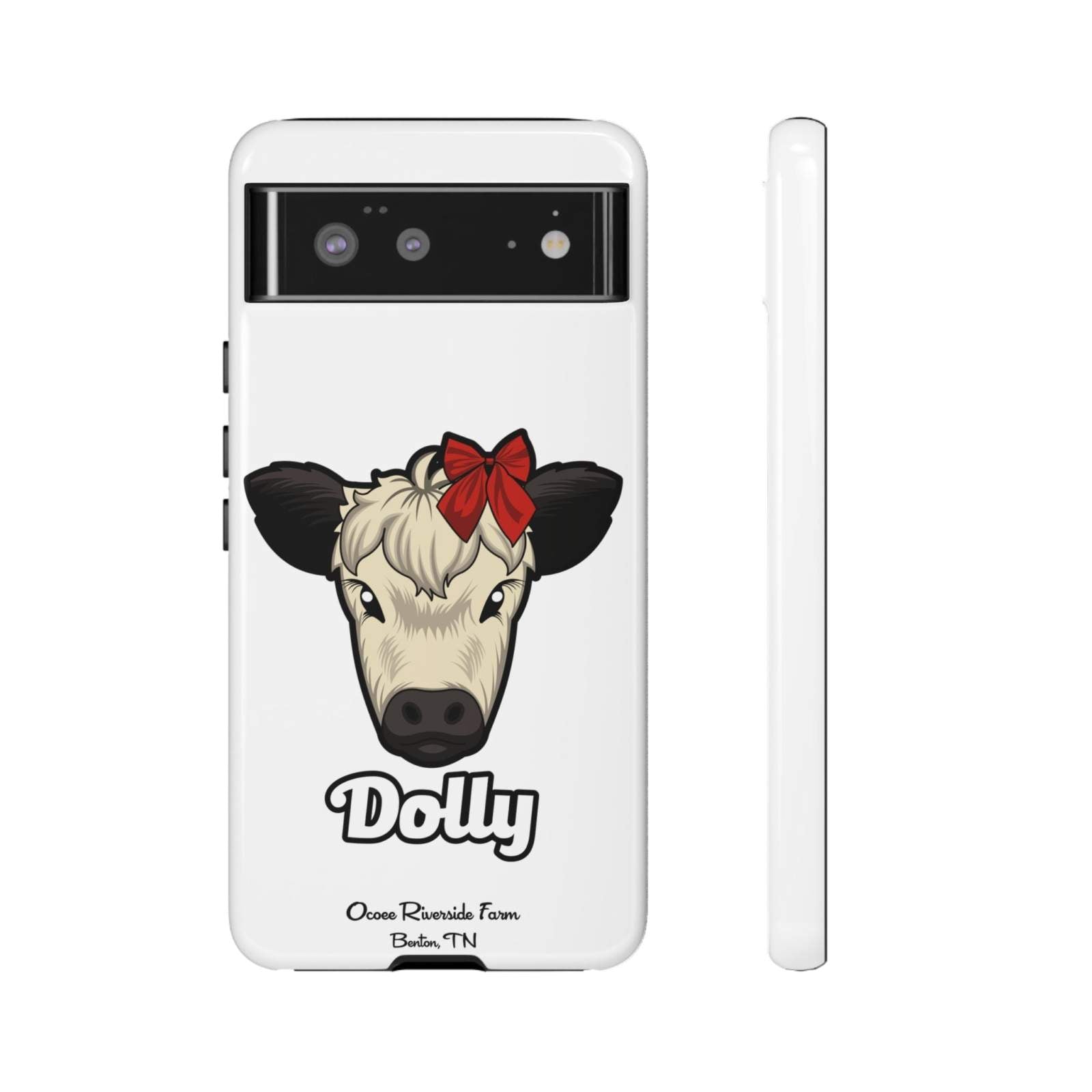 Farmhouse Chic Phone Case featuring Dolly the cow with a red bow, durable and stylish rustic design with wireless charging support