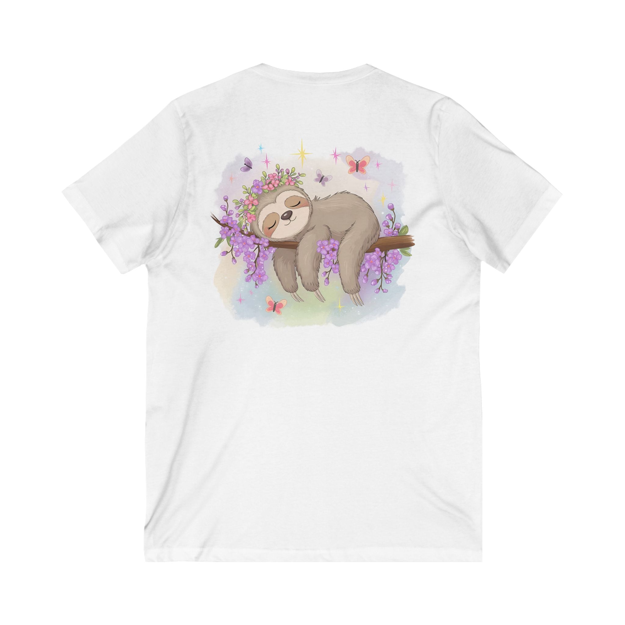 Cute Sloth Short Sleeve V-Neck Tee - Relaxed Floral Design