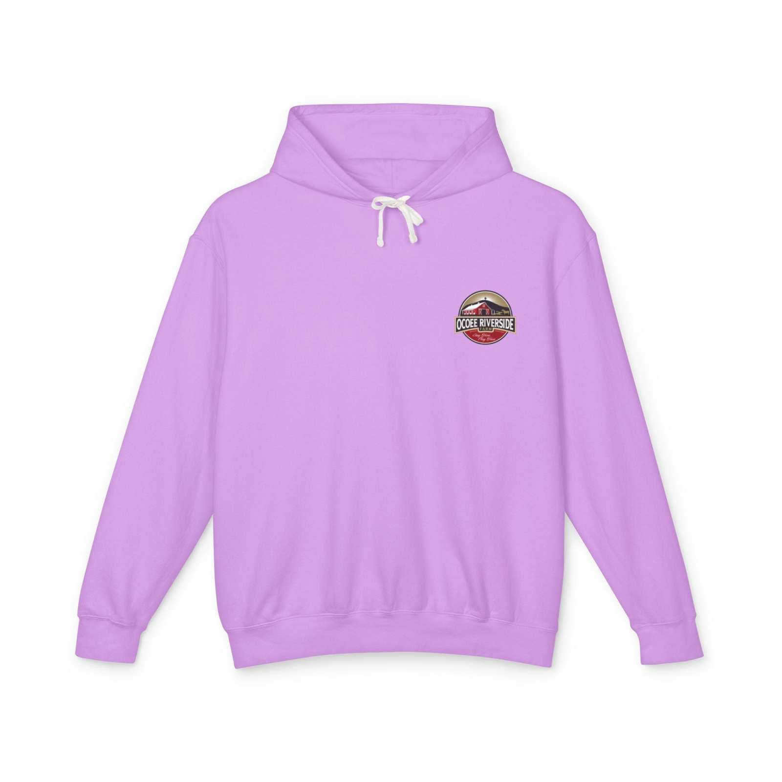 Lightweight lavender Cozy Cow Hoodie with Ocoee Riverside Farm logo, soft cotton fabric, and adjustable drawstring hood.