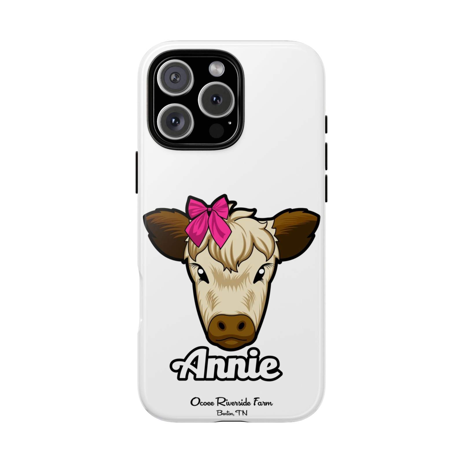 Annie the Cow phone case with cute farmhouse design and red bow, ideal farm animal lover gift.