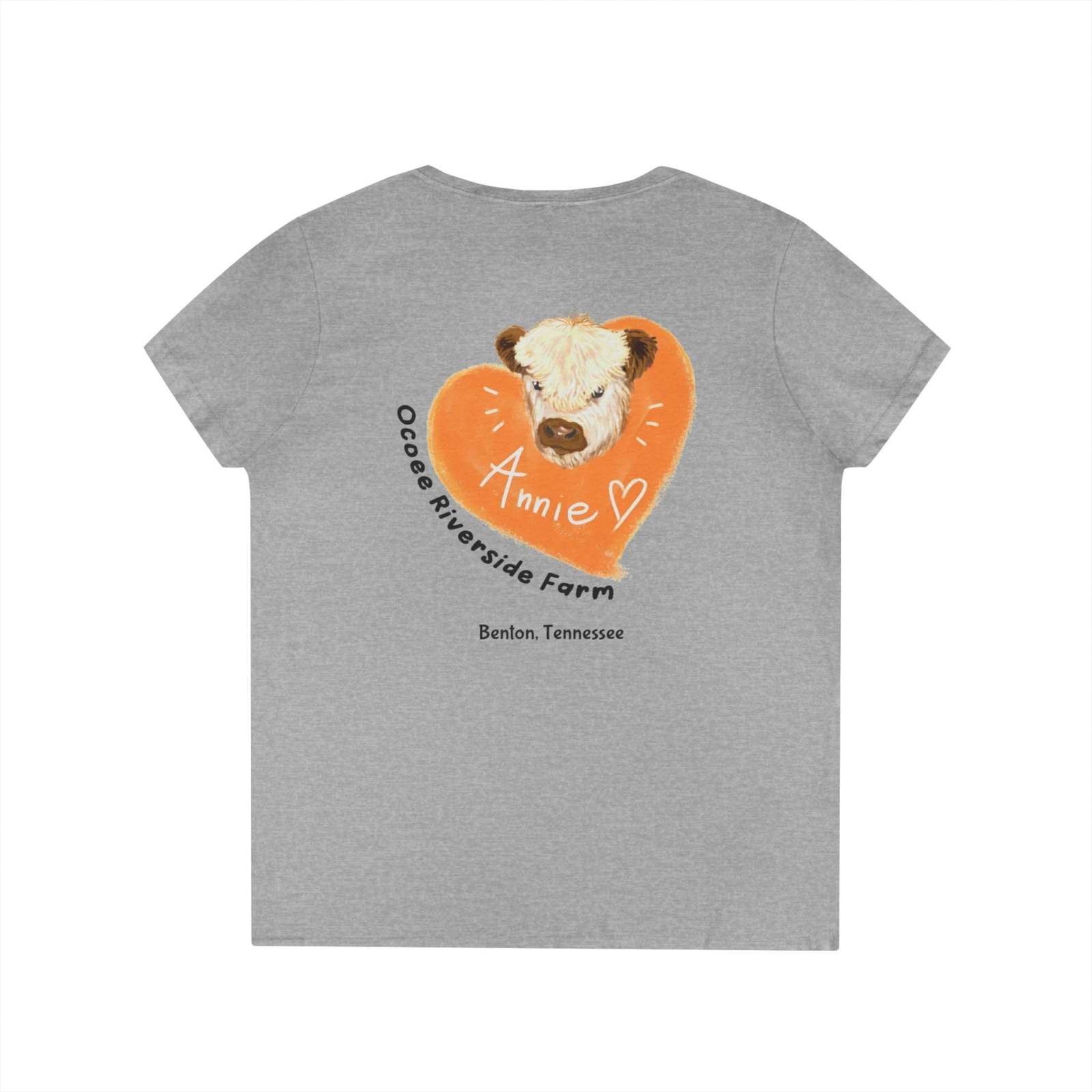 Back view of grey Tennessee Farm Life V-Neck t-shirt for women featuring a spud heart design with a cow illustration and the text "Annie" along with "Ocoee Riverside Farm Benlon, Tennessee"