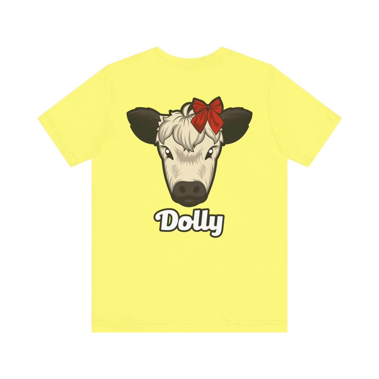 Yellow Country Cow Graphic Tee featuring Dolly cow with red bow and text design