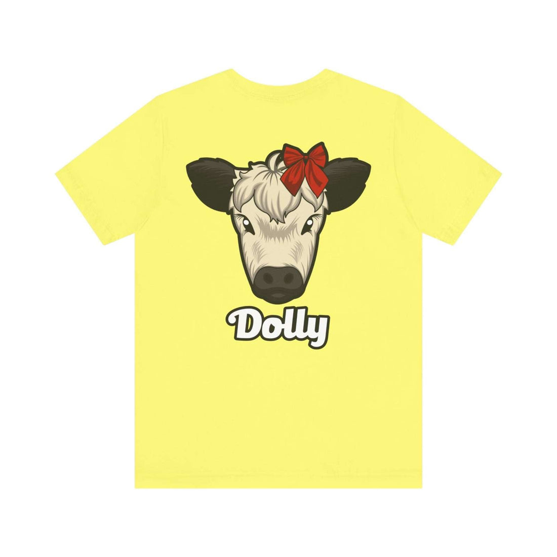 Yellow Country Cow Graphic Tee featuring Dolly cow with red bow and text design