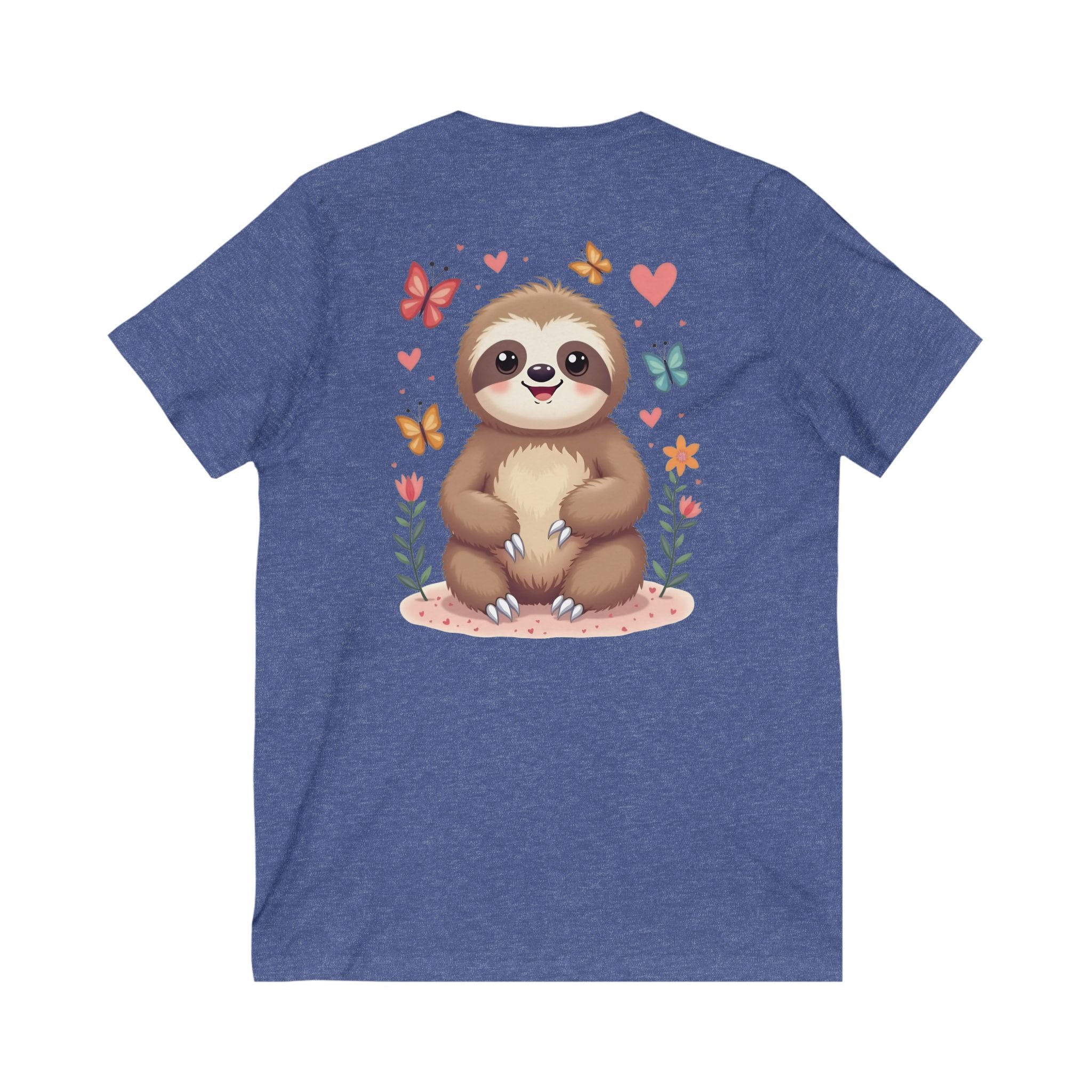 Cute Sloth and Butterfly Unisex V-Neck Tee - Perfect Gift for Nature Lovers