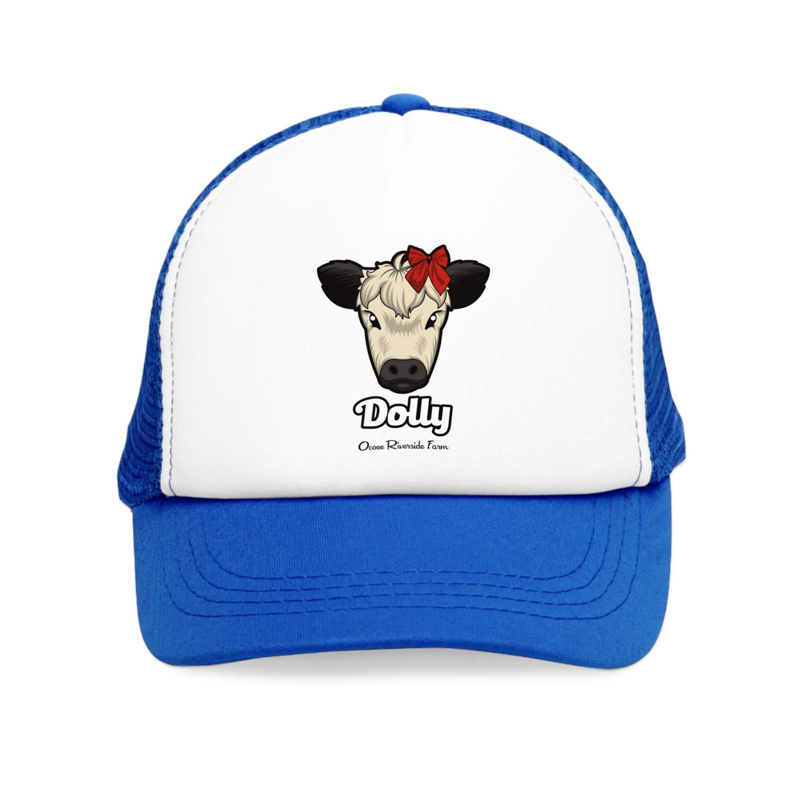 Blue rustic farm trucker hat with a cow face wearing a red bow and the text Dolly on the front panel