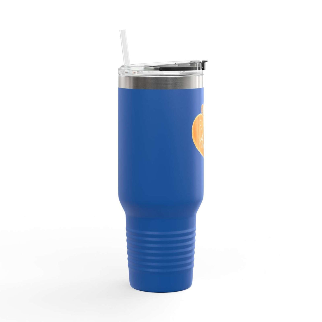 Blue personalized insulated travel mug 40oz with custom heart design and spill-resistant lid