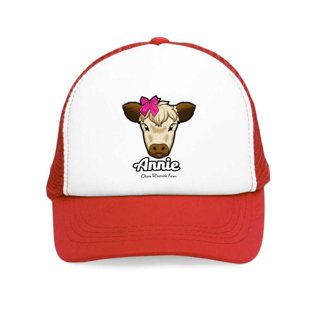 Farmhouse trucker cap with red mesh, featuring Annie the Cow design and bow.