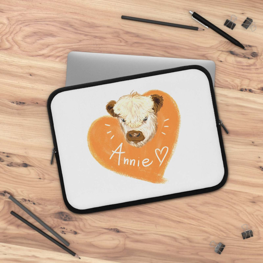 Custom Cow Laptop Sleeve with heart design and personalized name Annie, durable neoprene protective case for laptops, ideal gift for animal lovers