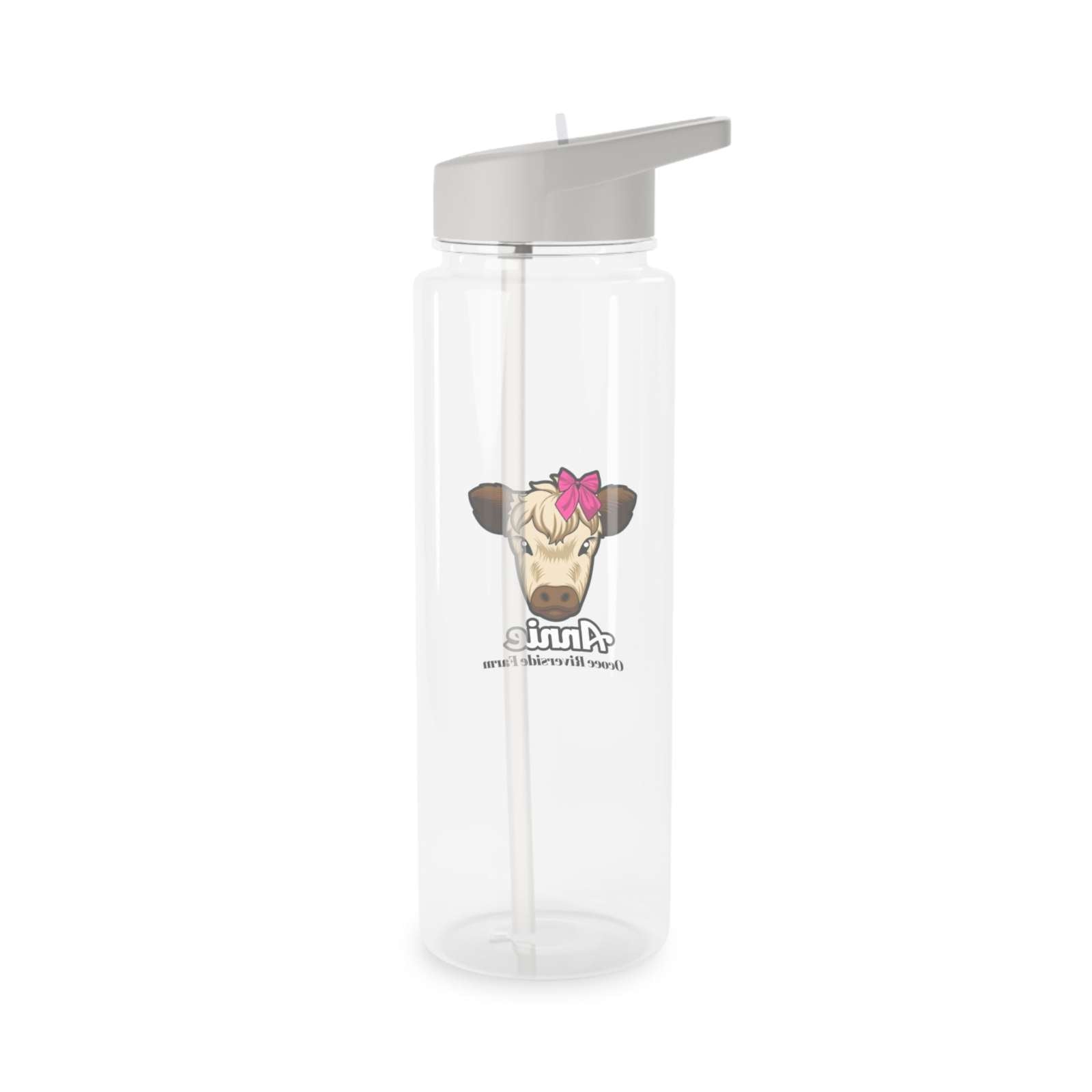 Transparent farm animal water bottle with cow face and pink bow, spill-resistant lid, and foldable straw