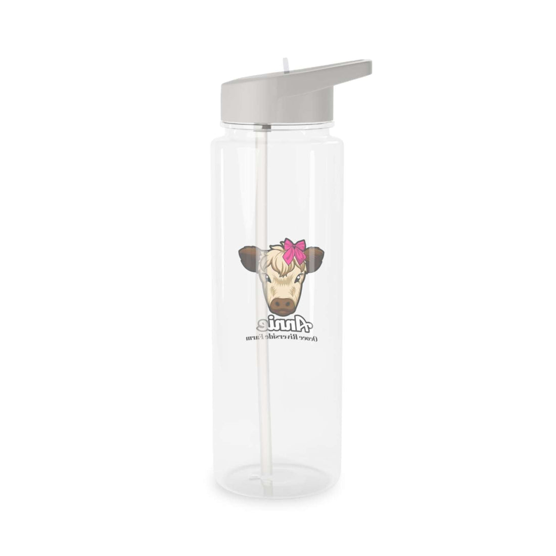 Transparent farm animal water bottle with cow face and pink bow, spill-resistant lid, and foldable straw