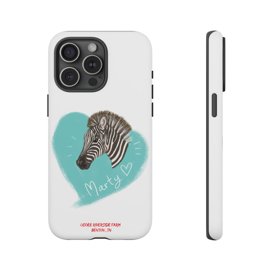 A zebra adorned with the word "Marty" creatively integrated into its stripes at Ocoee Riverside Farm Phone Case