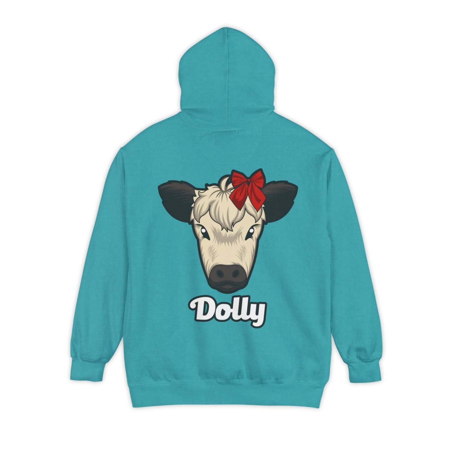 Teal hoodie featuring Dolly the Farm Cow graphic with a red bow.