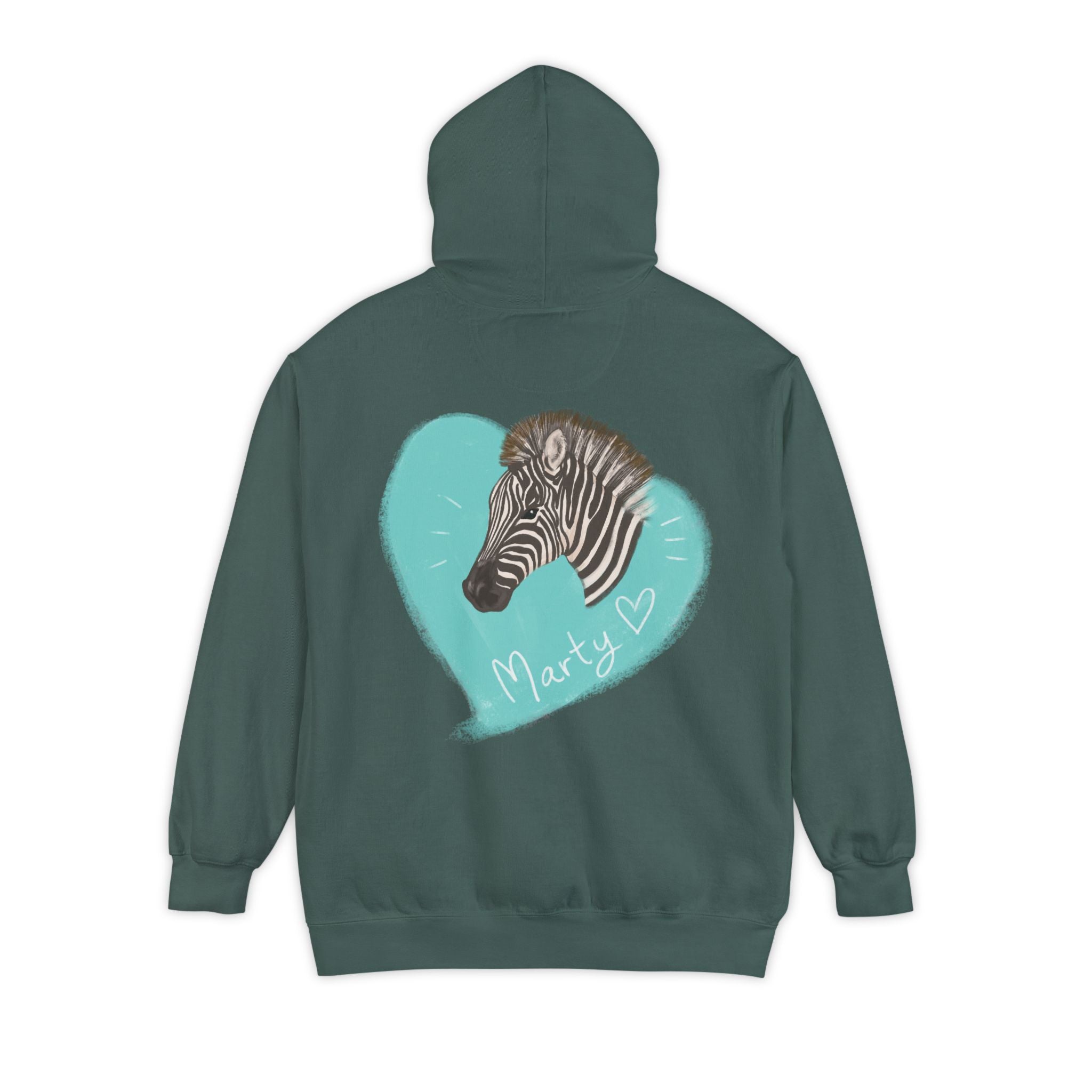 A zebra adorned with the word "Marty" creatively integrated into its stripes at Ocoee Riverside Farm Unisex Hoodie