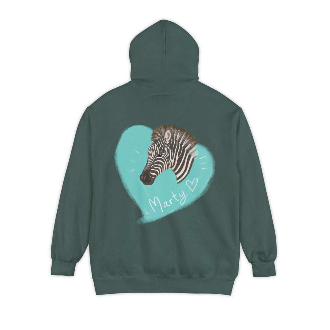 A zebra adorned with the word "Marty" creatively integrated into its stripes at Ocoee Riverside Farm Unisex Hoodie