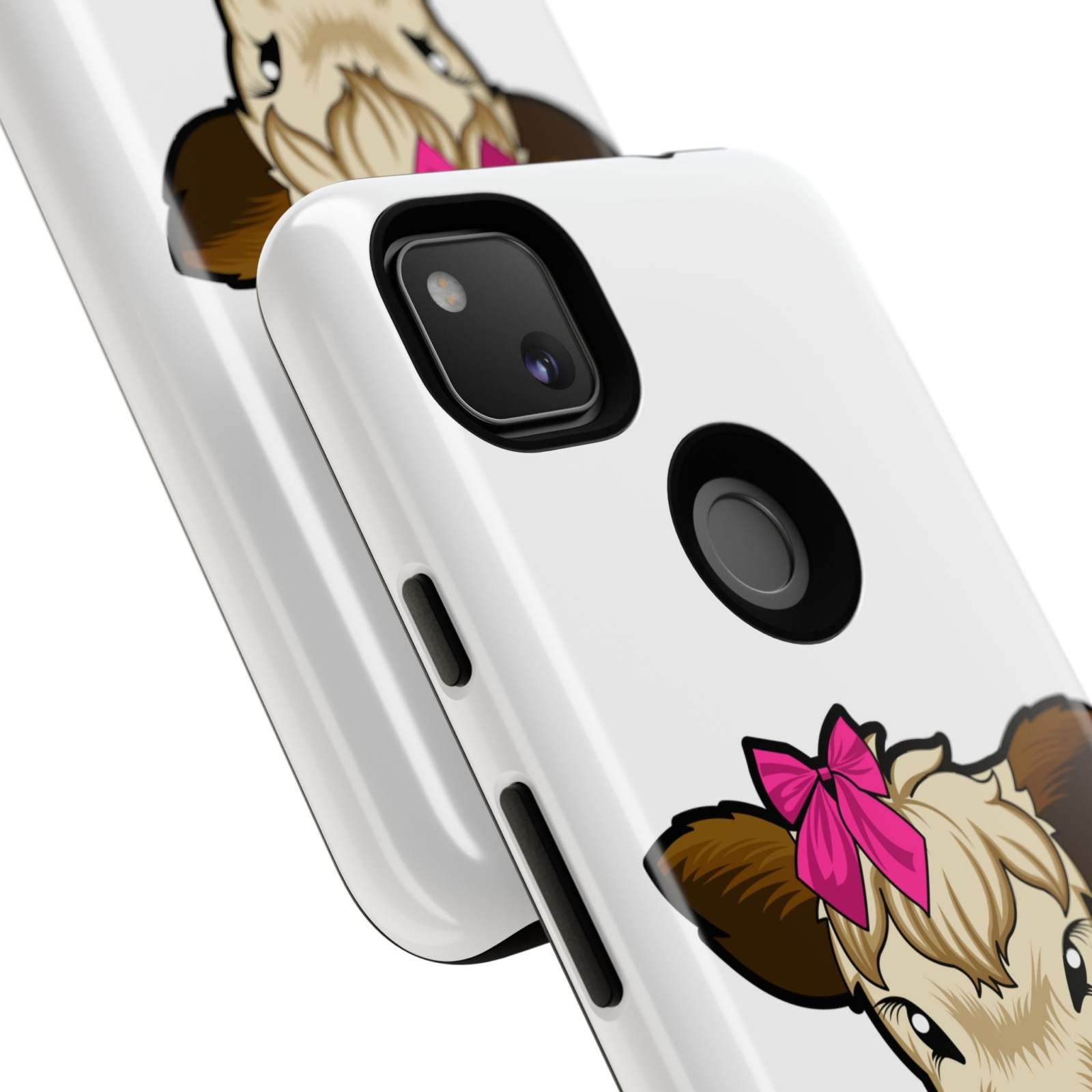 Cute farm-themed phone case with Annie the Cow design and red bow, ideal farm animal lover gift.