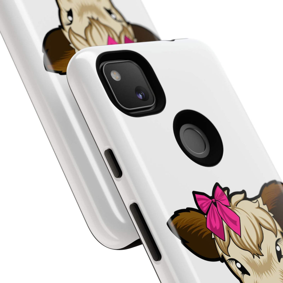 Cute farm-themed phone case with Annie the Cow design and red bow, ideal farm animal lover gift.